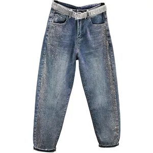 Горячие Стразы женские джинсы 2021 Весна Новая мода Высокая талия свободные брюки размера плюс 26-32