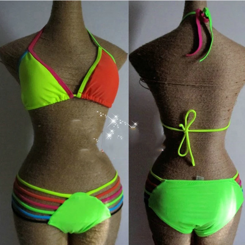 Европейский модный женский сексуальный флуоресцентный цветной костюм бикини Gogo