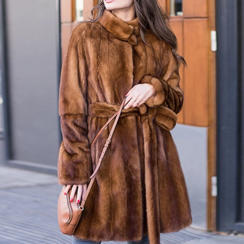

BFFUR Women Natural Fur Coats Winter High Quality Full Pelt Genuine Mink Fur Coat Long Trendy Coffee Color Real Fur Stand Collar