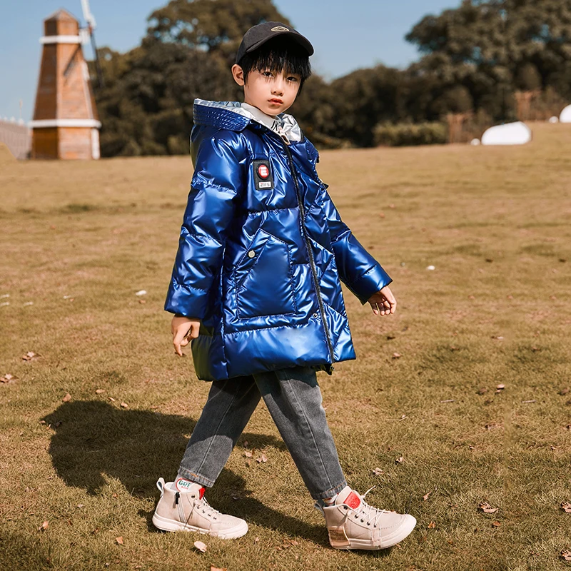 

Boys Winter Down Jacket Children Snowsuit Waterproof Gloss Kids Thicken Warm Long Outerwear For Teenager Boy 120-170 Parka Coat