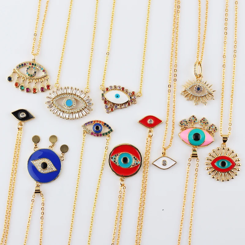 

New Fashion Ladies Chic Gold Chain Colorful Rhinestone Filled Evil Eye Coin Necklaces For Women Bohemian Gold Necklaces