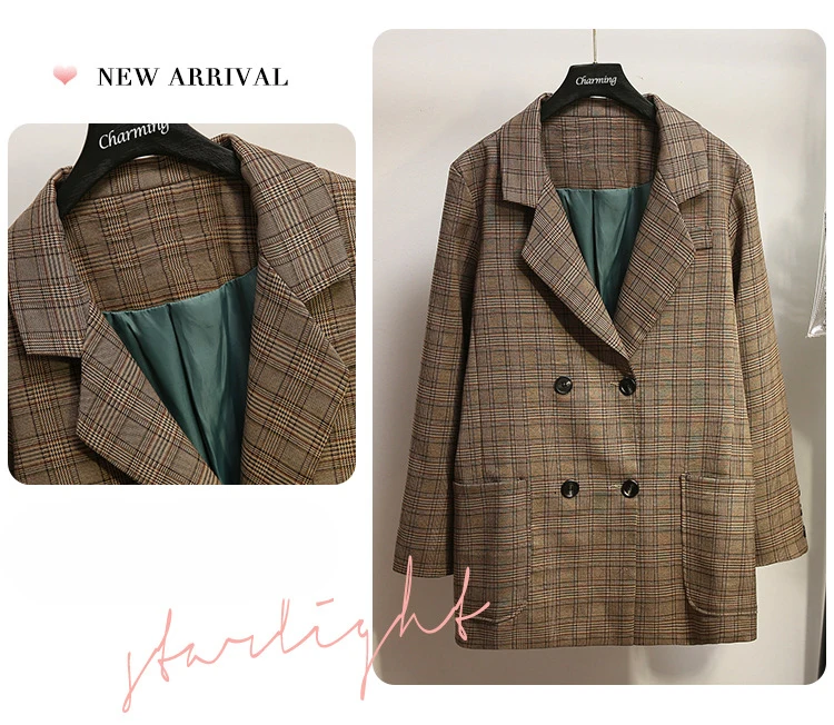 Женский костюм куртка осень 2019 новый тонкий двубортный большого размера в клетку