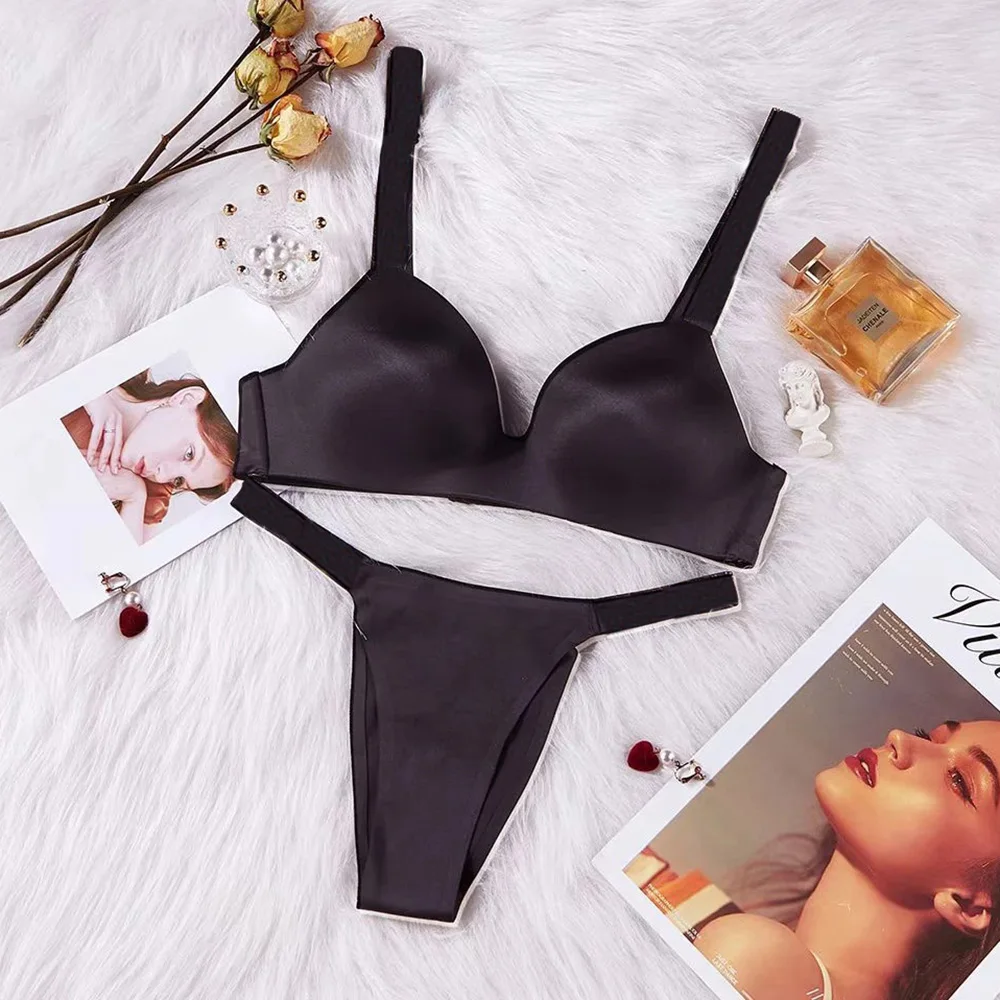 

New Shoulder Strap Hot Diamond Women's Bra Set Sexy Backless Adjustable Solid Color Underwear Smooth Fabric Gathering Women'sSet