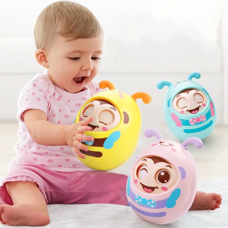 Baby Tumbler Rattles Toys Cartoon Mobile Bee Bell Blink Eyes Tumbler Roly-poly Silicone Ear Teether Toys for Newborns Gift