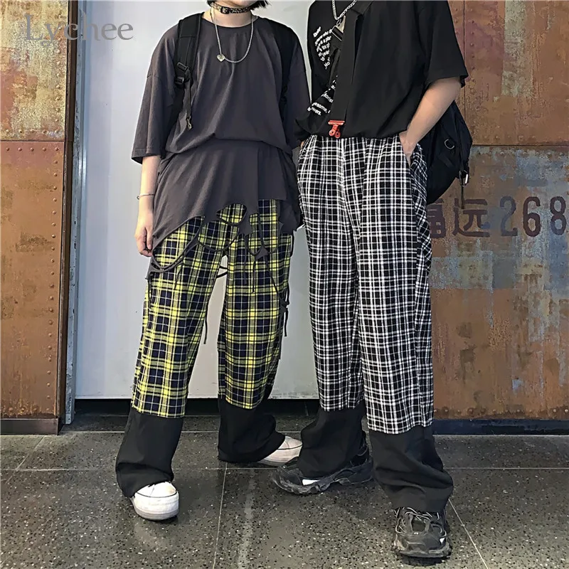 Женские клетчатые брюки Lychee в стиле Харадзюку свободные осенние женские с