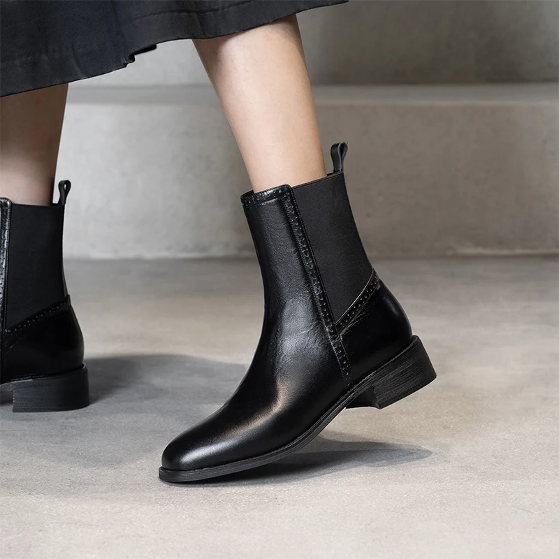 

Comfortable breathable genuine leather square toe brand warm 3.5cm med heels concise runway stretch leisure boots XIU07 MUYISEXI