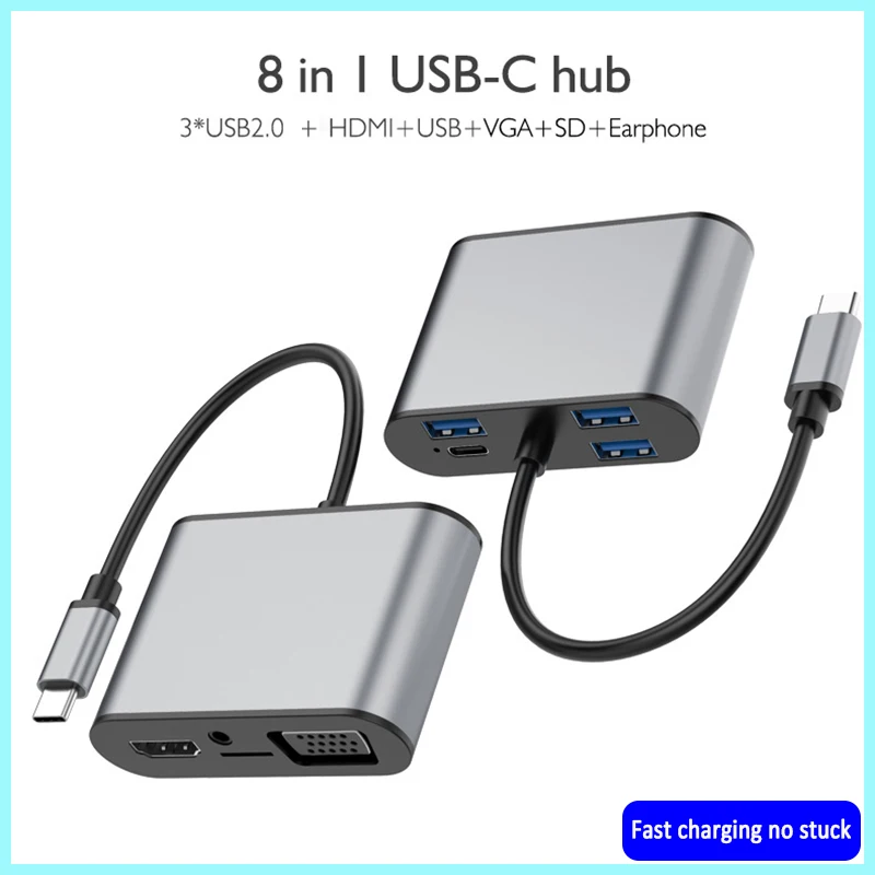 

USB Type-c Hub to HDMI+VGA+PD SD Card Reader 8-in-1 Docking Station USB3.0 HUB Multifunctional USB C Hub PD Fast Charge