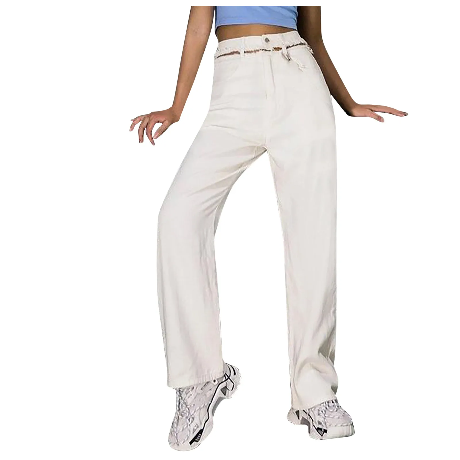 

Women Casual Fashion Button High Waist Pocket Solid Color Jeans Trousers Ripped Loose Denim Pants штаны в клетку женские
