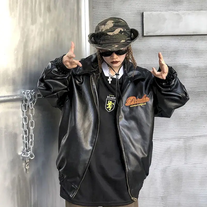 

High Street Leather Jacket Women Autumn Oversize Loose Zipper Lapel Motorcycle Windbreaker Short Coat Casual Chic Female Clothes