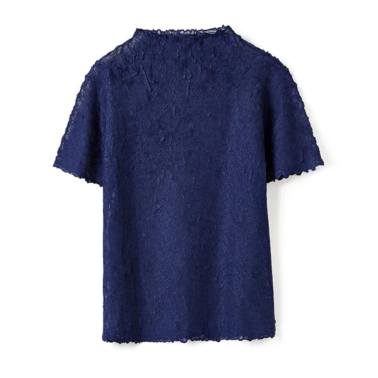 

Short Sleeve Female Pleated Half High Collar Slim Fit T-shirt