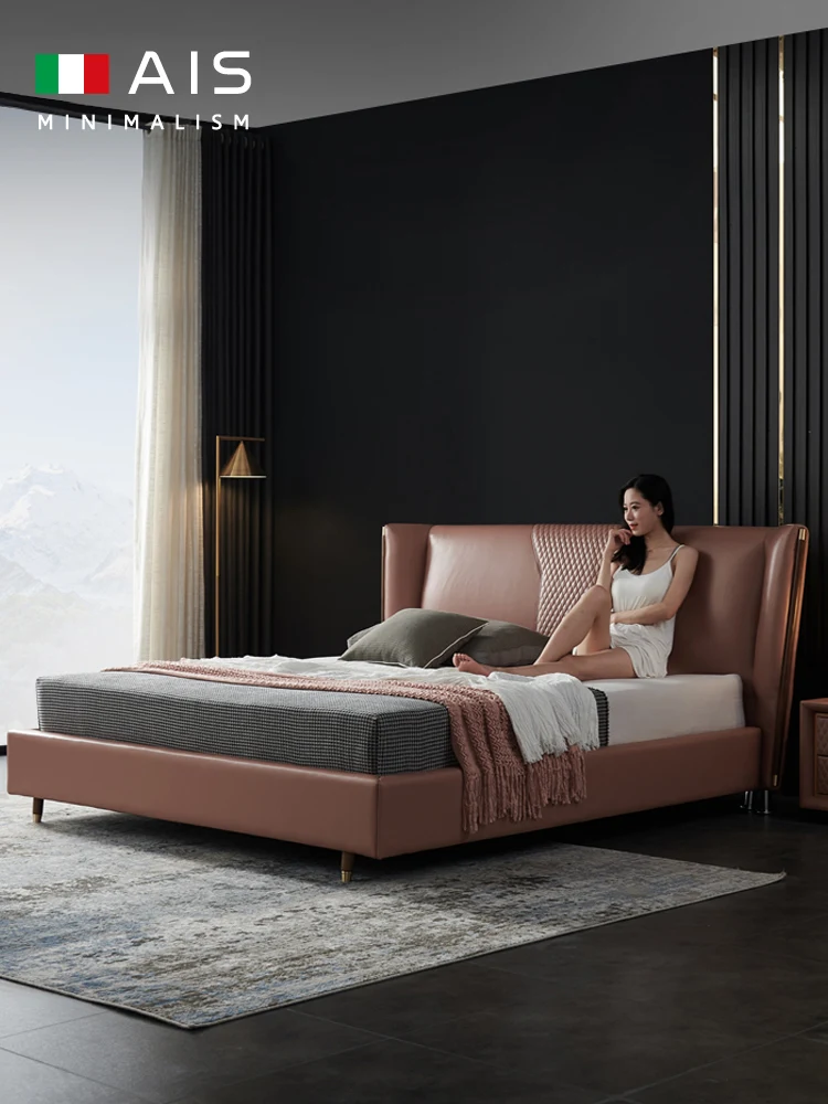 

Modern and simple 2021 new Italian light luxury leather bed Orange atmospheric leather bed