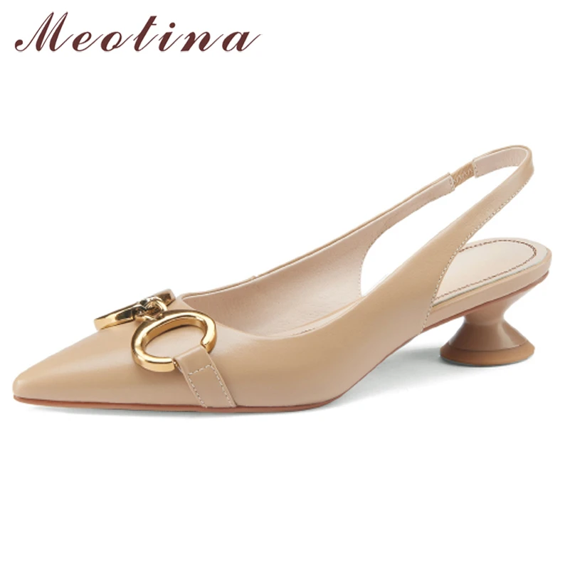 

Meotina Slingbacks Shoes Women Genuine Leather Med Heels Strange Style Pumps Meta Decoration Pointed Toe Ladies Footwear Spring