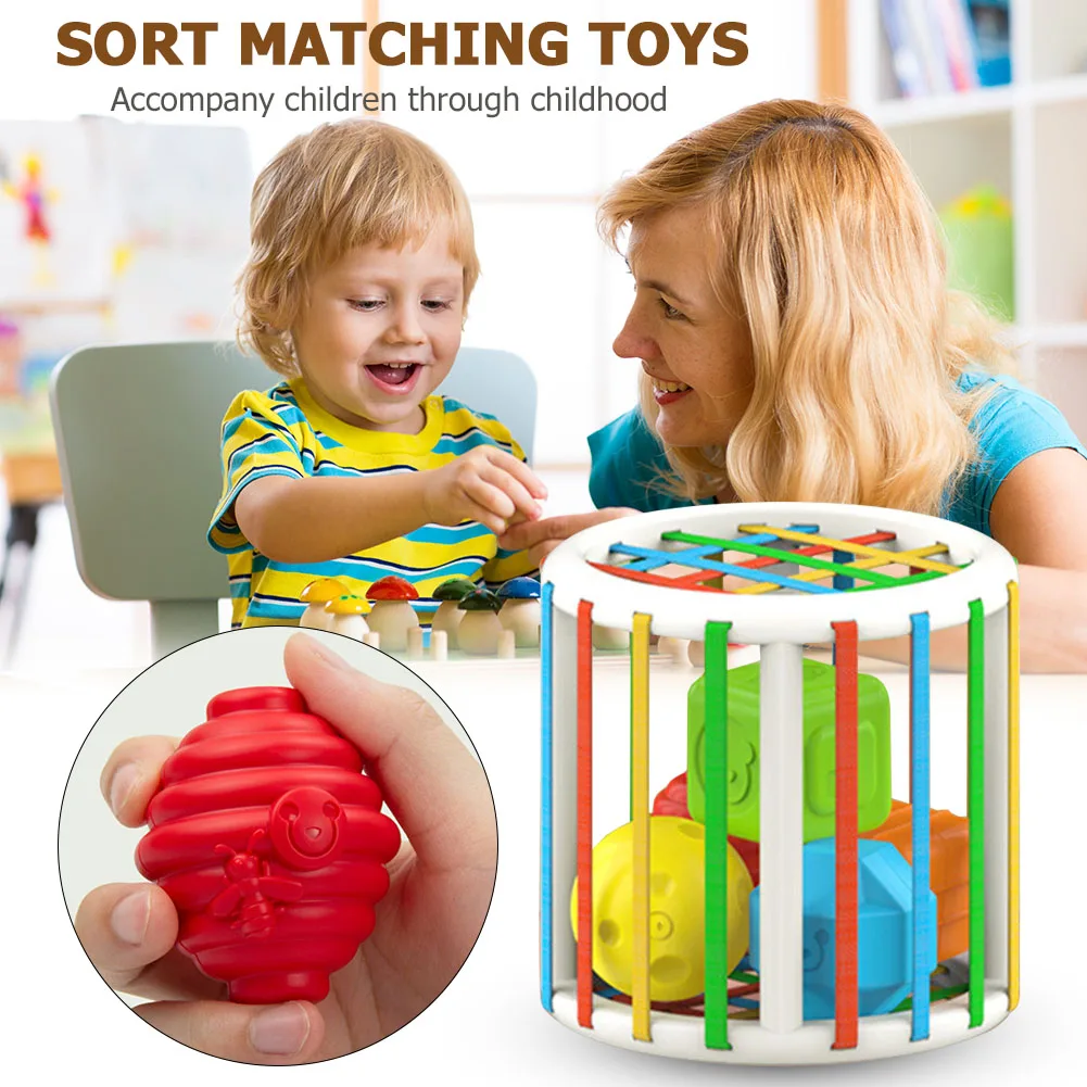 Baby Chunky Shape Blocks Cube Box Bin Toy With Elastic Bands Colorful Sorter Shapes Sorting Montessori Educational Toy For Kids