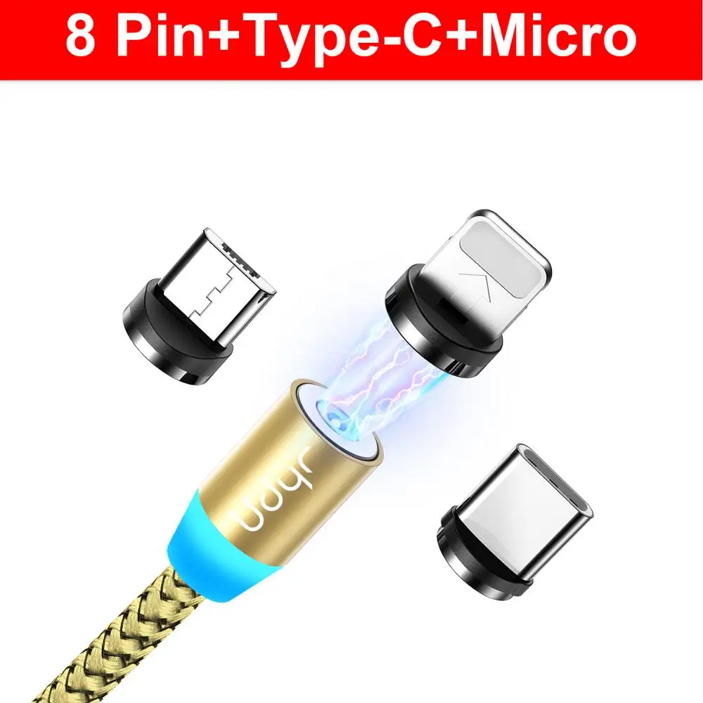 Udyr Магнитный Micro usb type C кабель для iphone samsung Android 2 м Быстрая зарядка магнит Зарядное устройство USB кабель провод для мобильного телефона шнур - Цвет: Gold Cable  3 Plug