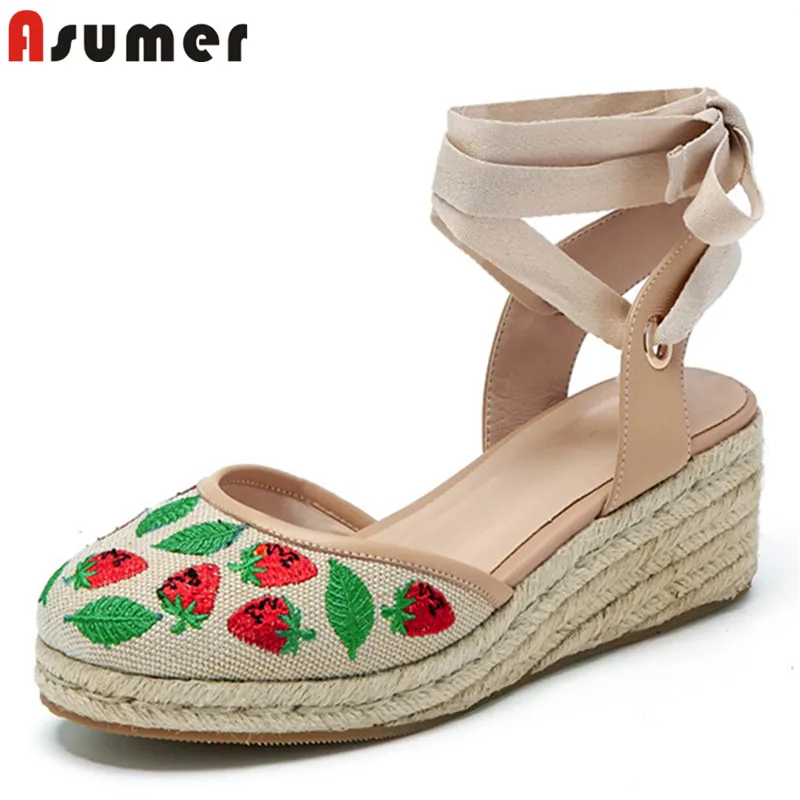 Женские винтажные босоножки на танкетке с вышивкой|Боссоножки и сандалии| |