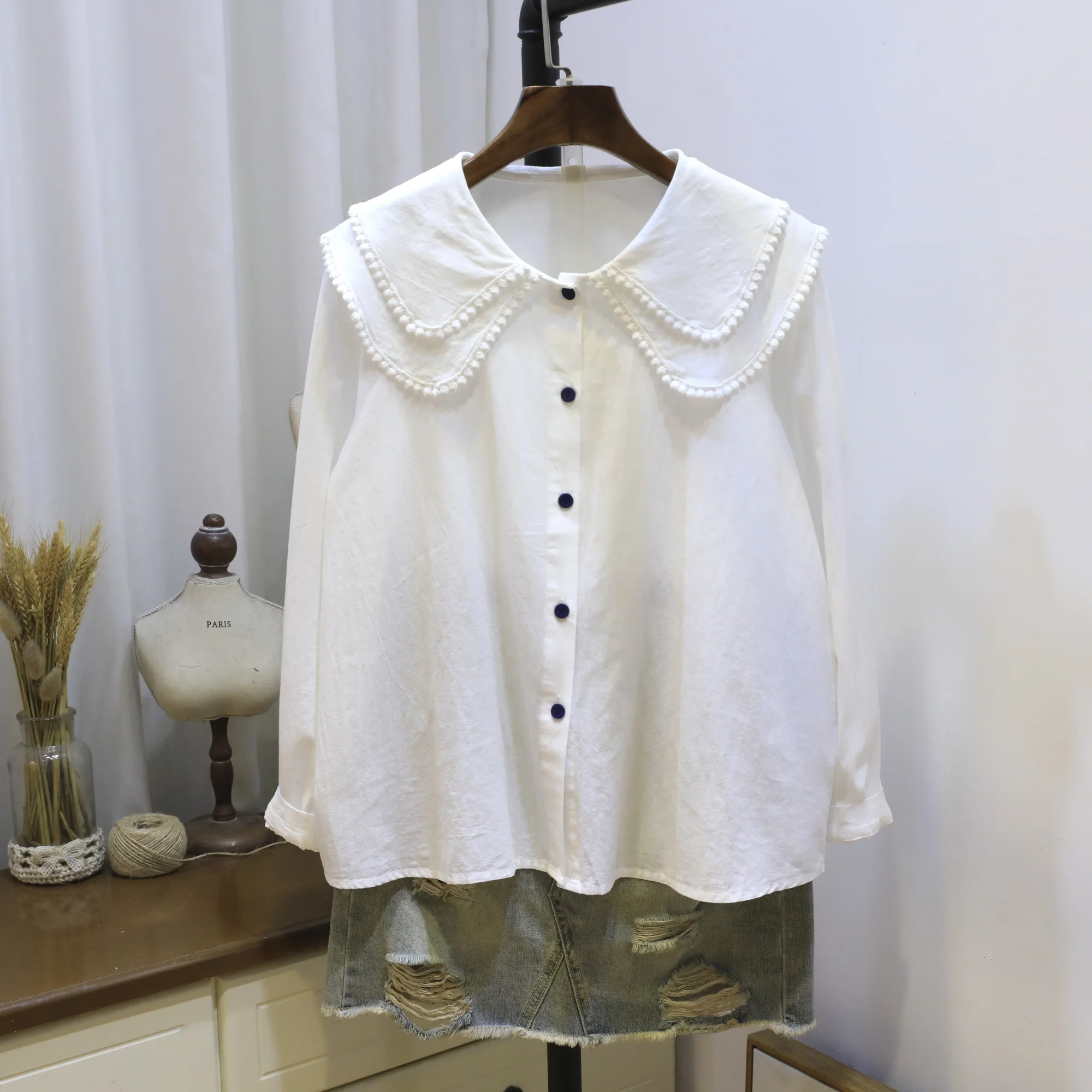 

2021 Autumn New Japan Style Mori Girl Cotton Shirt Solid Color Double-layer Collar Long-Sleeve Casual White Shirt FZ