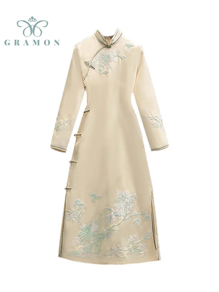 

Cheongsam Dresses For Women Vintage Chinese Styles Embroidery Floral Elegant Autumn Plus Size Midi Dress Ladies Vestidos Longo