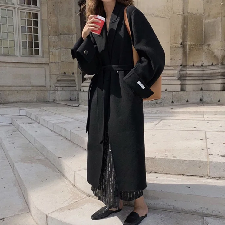 

New Chic 2020 Autumn Winter Wool Coat Casual Turn Down Collar Classic Long Trench Coat With Belt Female Oversize Windbreaker