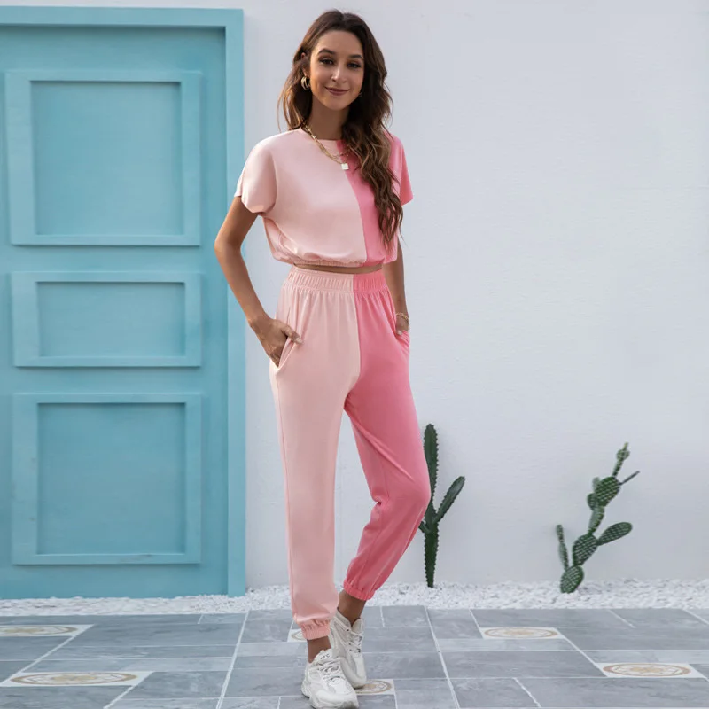 

Women's Sportswear Two-Piece Suit 2021 Women's Fashion Drop-Shoulder Double-Contrasting Color Sports Top + Jogging Trousers Suit