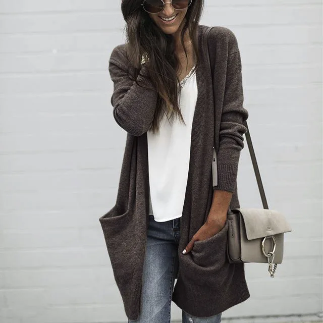 

Женский трикотажный кардиган с большими карманами, однотонный базовый свитер с V-образным вырезом, Осень-зима 2020