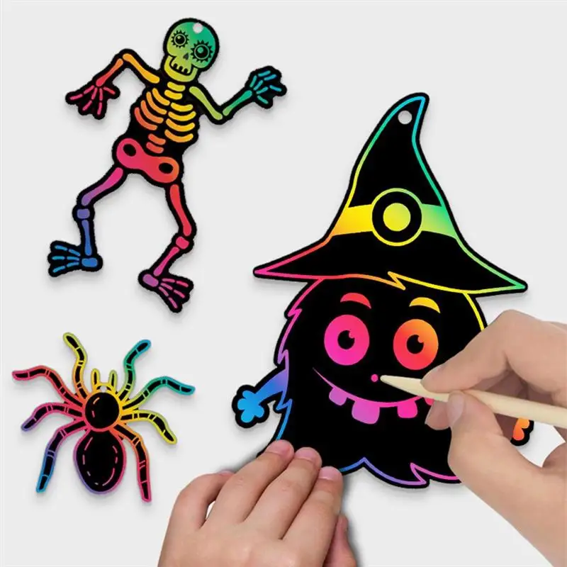 

24PCS Halloween Scratch Paper Craft Set Cartoon Scratch Art Painting Paper Card Kit Drawing Stick Kids DIY Drawing Toys