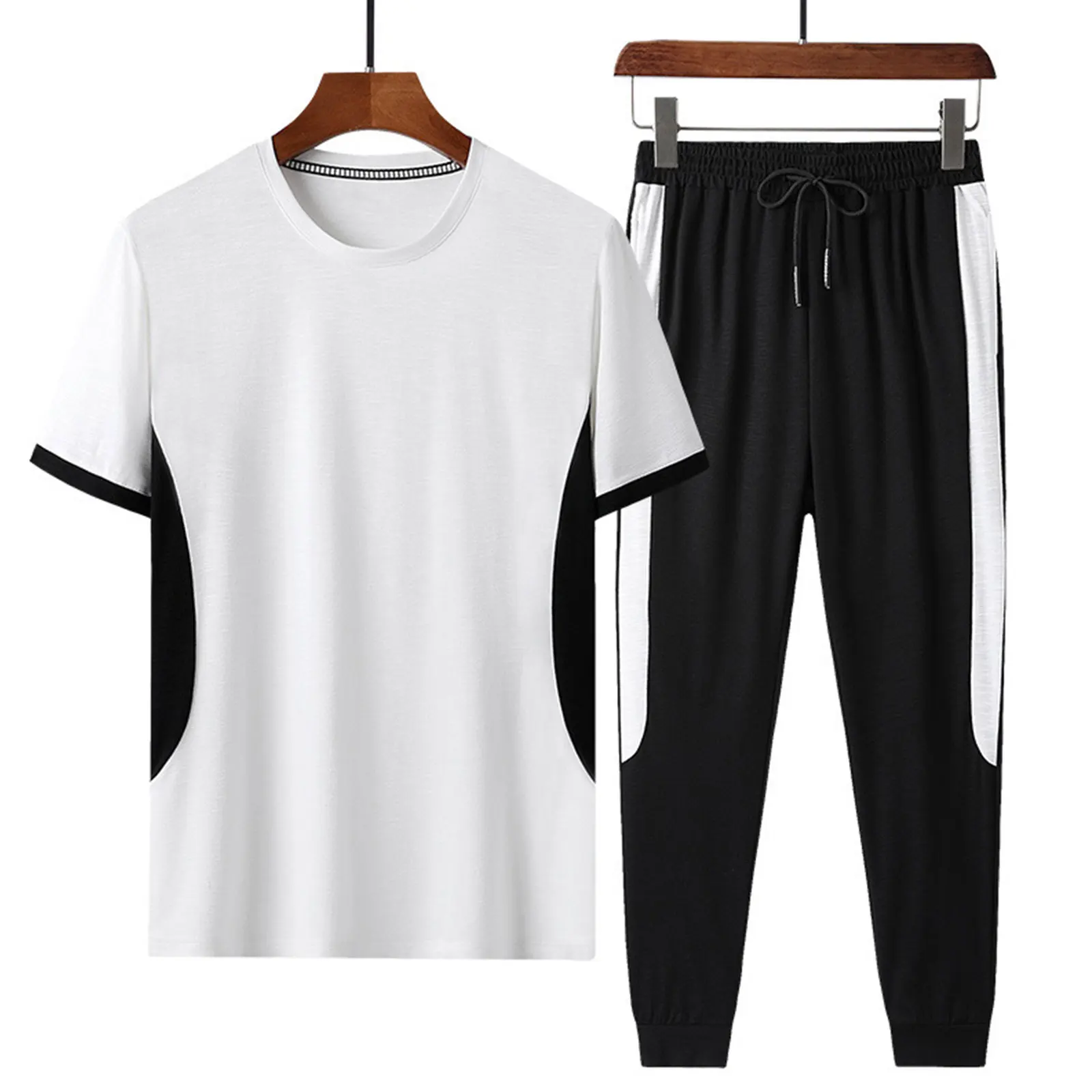 

Men Casual Sports 2Pcs Set Contrast Color Suit Round Neck Short Sleeve Base T-shirt Loose Casual Trousers 2021 Daily Life Outfit