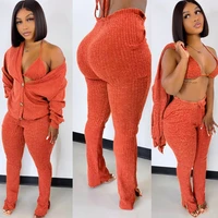 2022 Knitted 3 Piece Set Backless Crop Top Button Up Long Coat Lace Up Pants Tracksuit Women Clothing Sexy Club Matching Sets