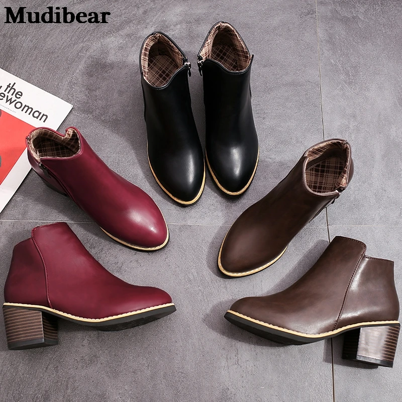 

Mudibear Leather High Heels Boots For Women 2020 Fashion Martin Ankle Booties Zapatos De Mujer PU Zip Spring Winter Shoes