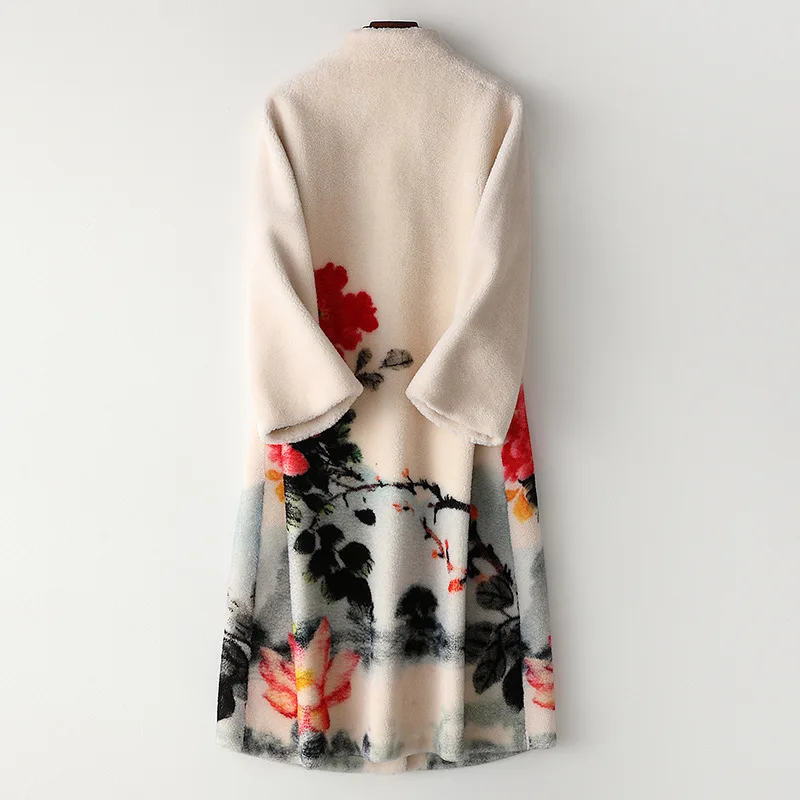 Fashion Stand Collar Wool Fur Coat Printed Pockets Long Winter Coat High Quality Sheepskin Luxury Overcoat Thick Warm Outwear