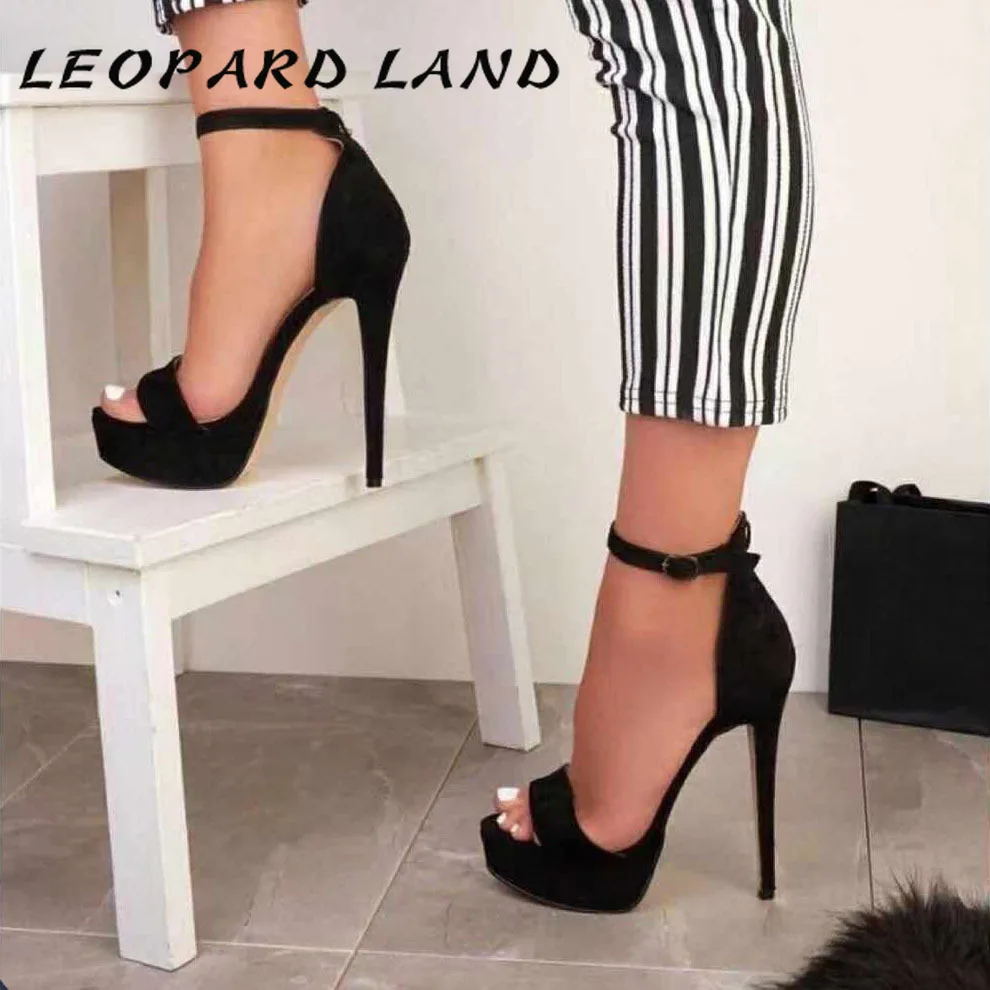Женские босоножки на шпильке LEOPARD LAND черные платформе с пряжкой ремешком пятке 14