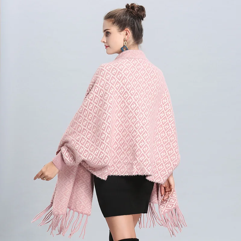 Модное теплое осеннее однотонное большое клетчатое пончо для женщин Норковое