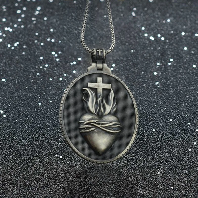Christian Jesus Sacred Heart Medal Round Cross Pendant Necklace Men