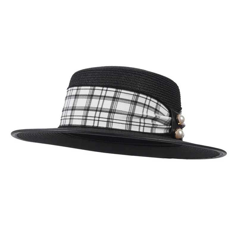 2021 Summer Pearl Straw Hat British Retro Plaid Hat Strap Female Handmade Sunshade Flat Top Panama Sun Hat Lady