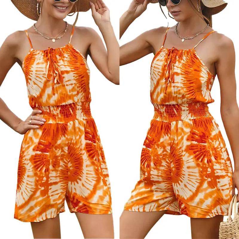 

Женский пикантный комбинезон на бретельках с цветочным принтом, летние короткие комбинезоны без рукавов, комбинезон без застежек, пляжные ...