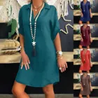 Женское платье с отложным воротником, однотонное летнее свободное платье средней длины, с полурукавами, большого размера, повседневное