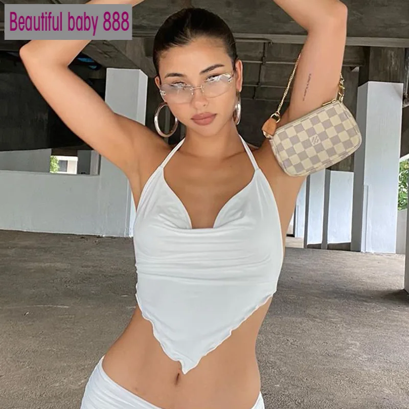 

Meqeiss 2020 New White Sleeveless Sexy Halter Rhombus Crop Tops for Women Rave Festival Backless Lacing Cropped Feminino Tops