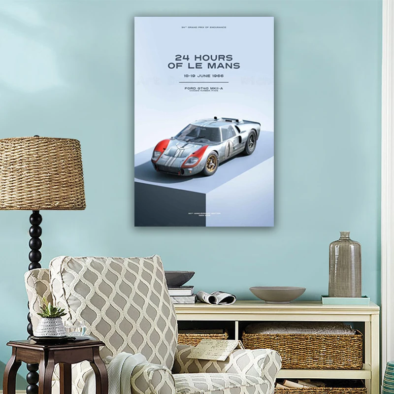 

June 1966 Ford GT40 24 Hours of Le Mans Canvas Painting Posters and Prints Wall Art Picture for Living Room Aesthetic Home Decor