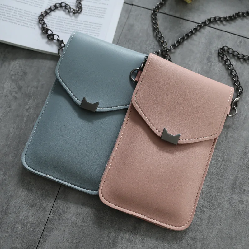 

Cat Ear Transparent Touch Screen Retro Simple Mobile Phone Bag 2021 Women Chain Messenger Bags Small Flap Bag Mini Shoulder Bag