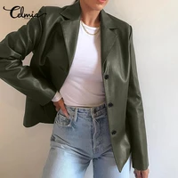 womens autumn winter long sleeve blazers 2021 celmia oversized pu leather coats casual solid business suit collar jackets