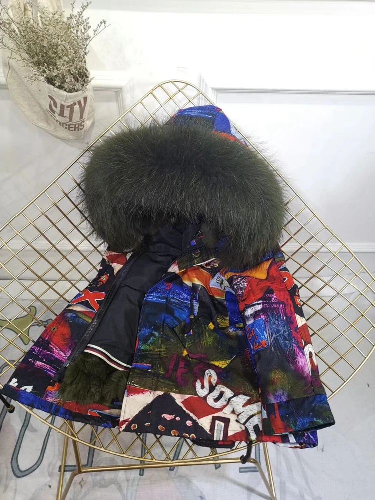 Children Winter Jacket Graffiti Boys Girls Real Fur Coat Thick Warm Rabbit Fur Kids Jacket Coat Furry Natural Fur Collar TZ428
