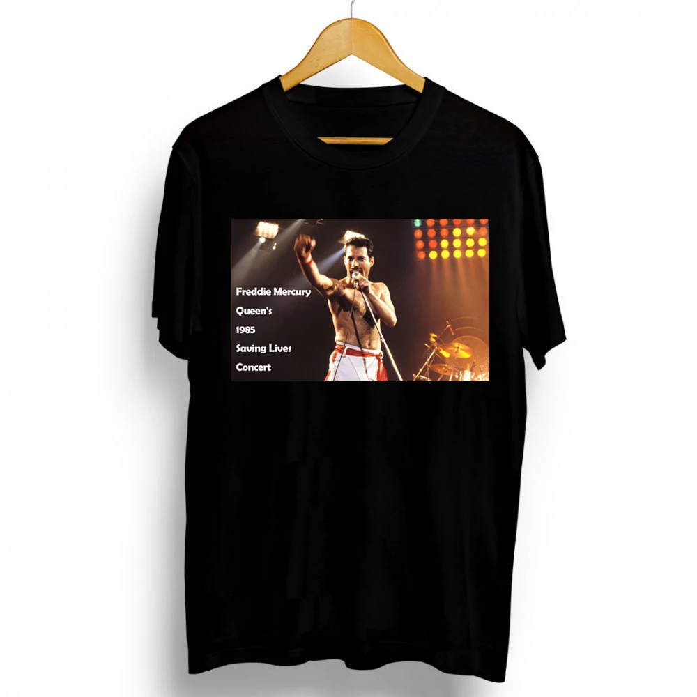

Freddie Mercury 80s Queen's 1985 Saving Lives Concert Men T Shirt Cotton Rock Women Fashion Streetwear Clothes Commemorate Tees