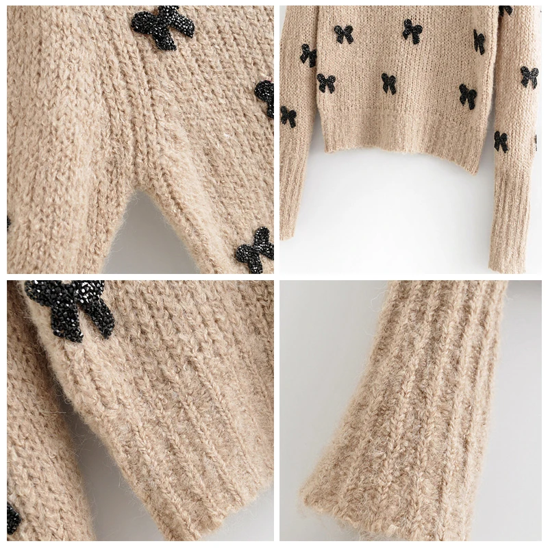 ROHOPO хаки круглый воротник с длинным рукавом свитер Черный Лук Бисероплетение