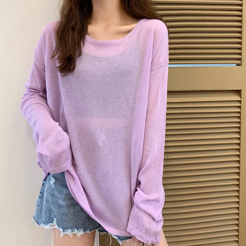 

6 Colors Women Summer Thin Knit Top Blouse O-neck Knitted Long Sleeve Pullover Tops Solid Korean Loose Purple Sunscreen Jumper