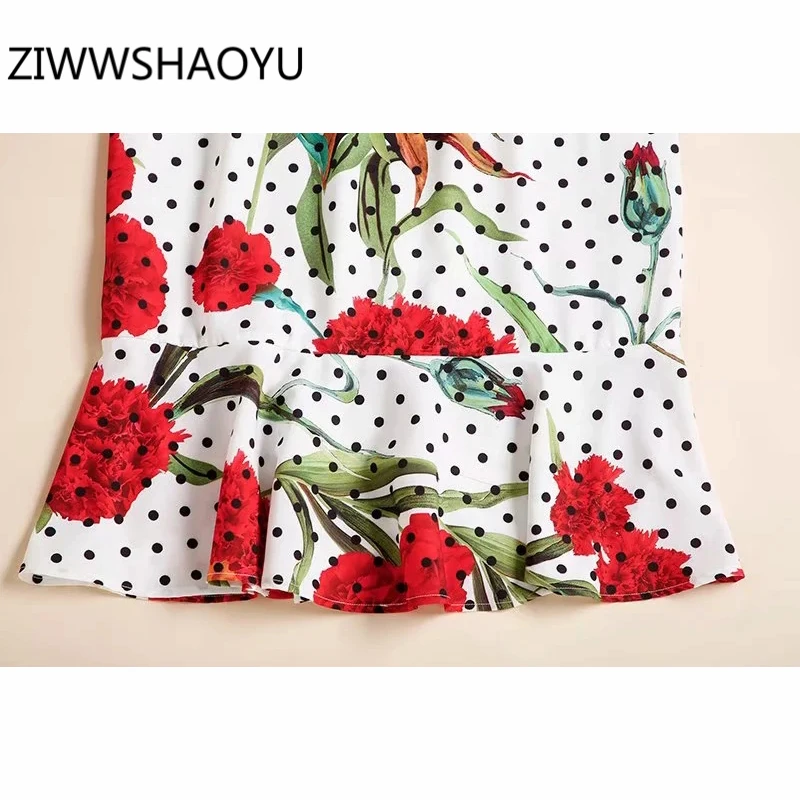 

ZIWWSHAOYU Women Summer Backless Knotted Strap Dresses Designer Ladies Polka Dot Floral Print Vintage Mermaid Dress Midi Dress