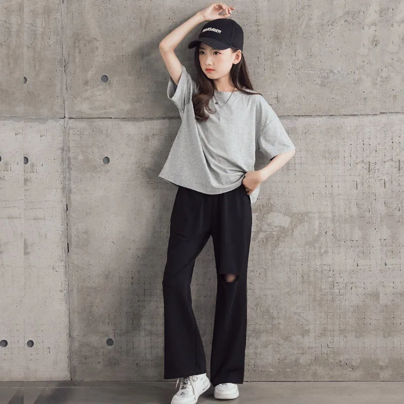 

Летний комплект из 2 предметов, футболка и длинные штаны для девочек-подростков черного и серого цвета, 2021, спортивные костюмы, комплекты оде...