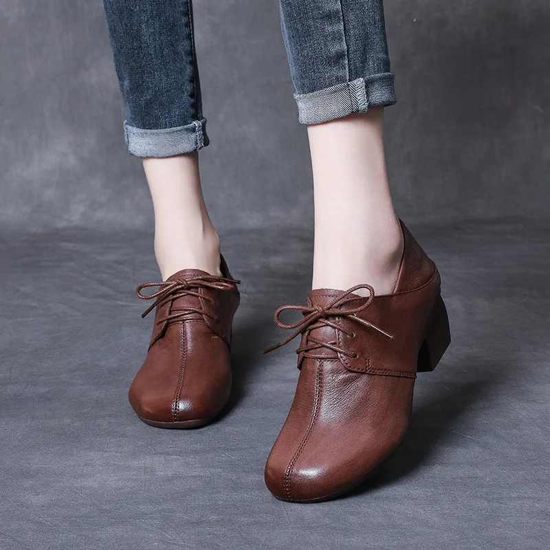 Туфли-лодочки женские кожаные в стиле Мэри Джейн высокий каблук коричневая обувь