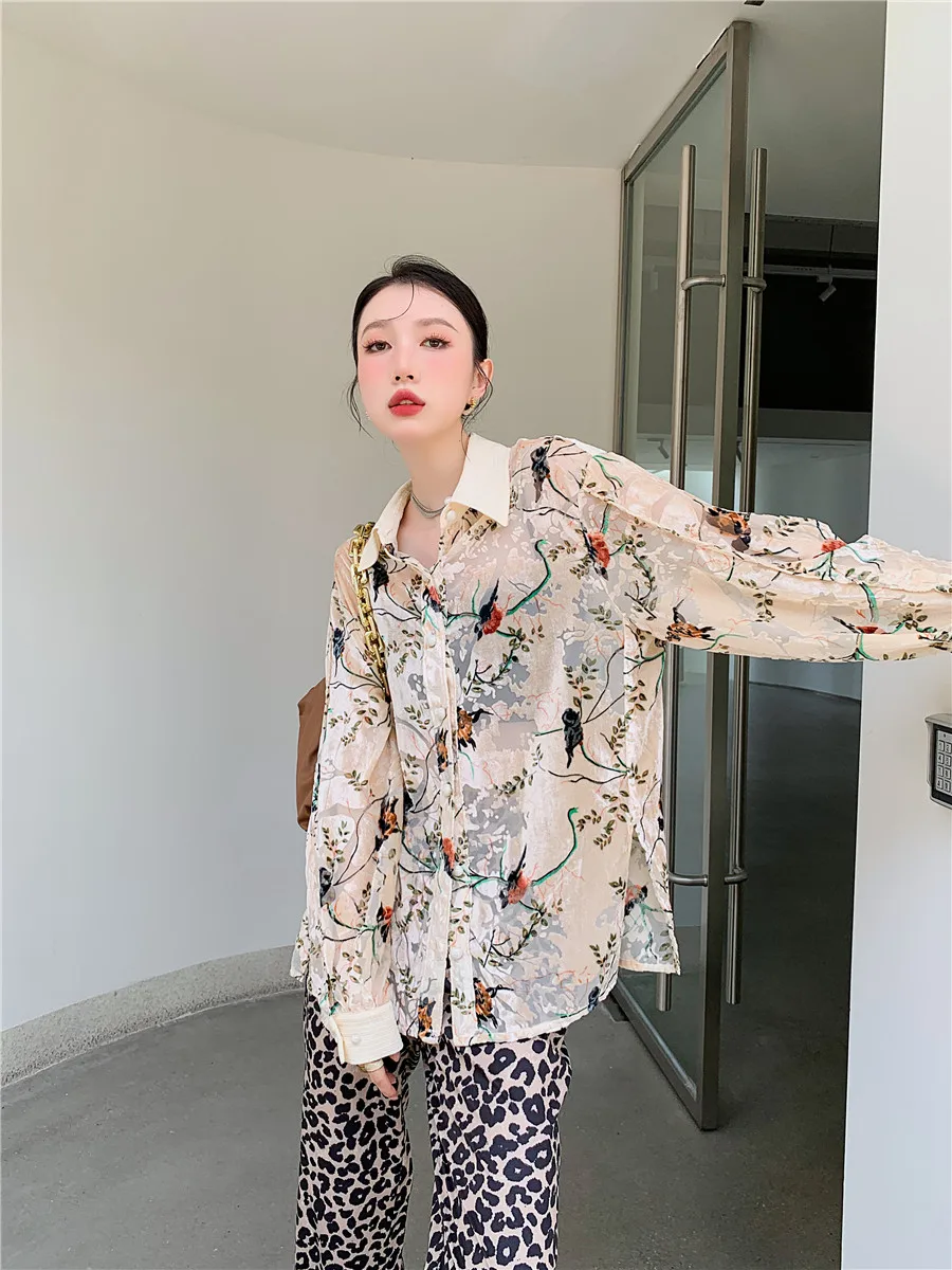 Шерстяная мешковатая рубашка с цветочным принтом сетчатая прозрачная осень 2021