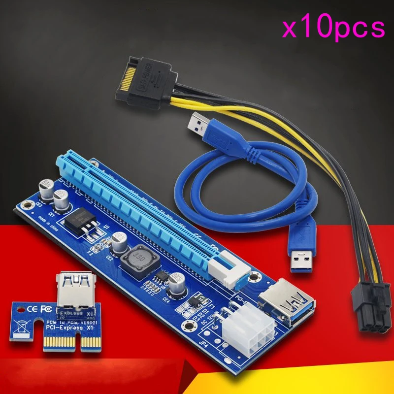 10pcs/lot Upgraded PCI-E 1X to 16X Express Riser Card PCI Extender 60cm USB3.0 Cable 6 Pins SATA Power for Bitcoin Miner