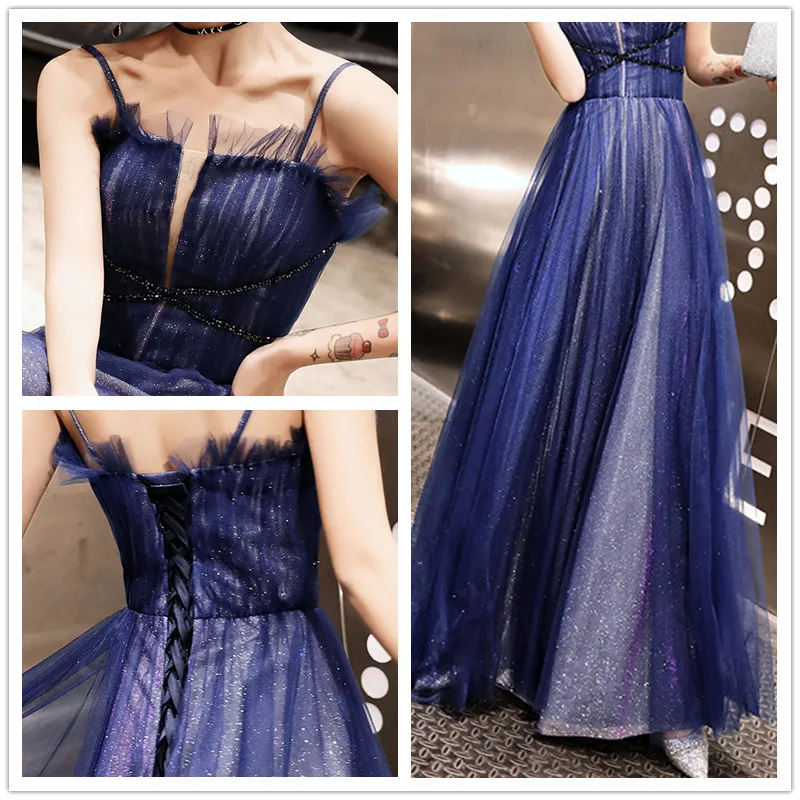 

Evening Dresses Navy Blue A Line Long Vestidos Shining Sequiin Tassel Formal Gowns Sexy Sling Bandage Back Robe De Soiree K265