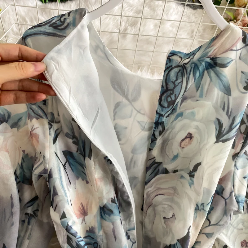 

Europe Chic Holiday Style Round Neck Dress Fashion Temperament Bubble Sleeves Loose Thin Printed Large Pendulum Long Dress